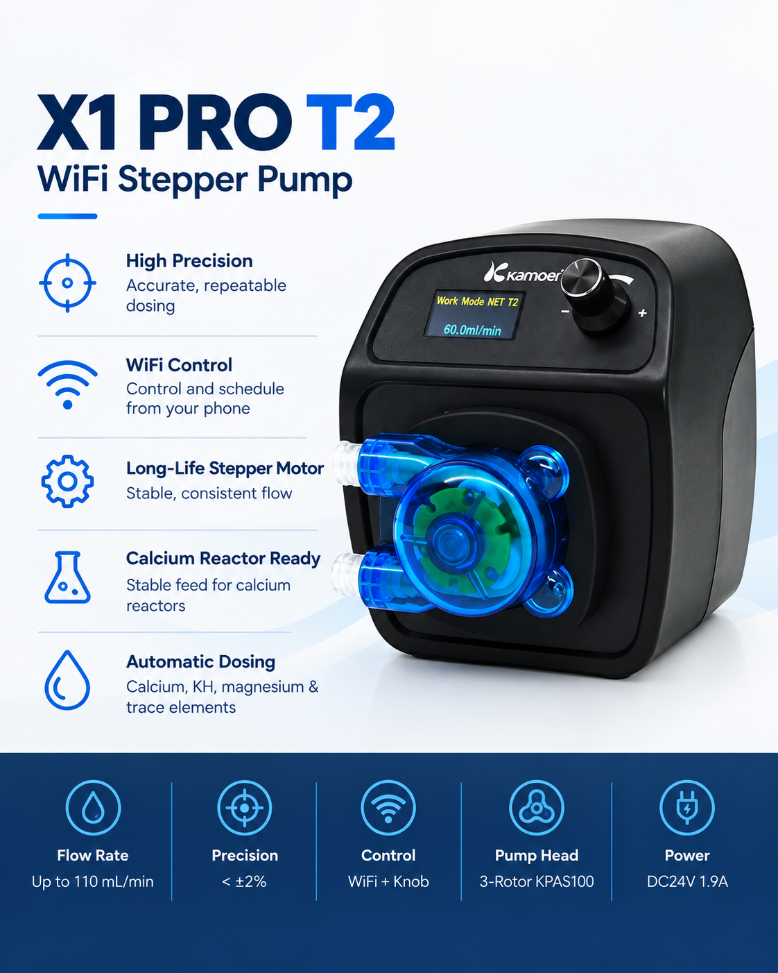 Kamoer X1 Pro-T2 WiFi High-Flow Stepper Dosing Pump for Reef Aquariums