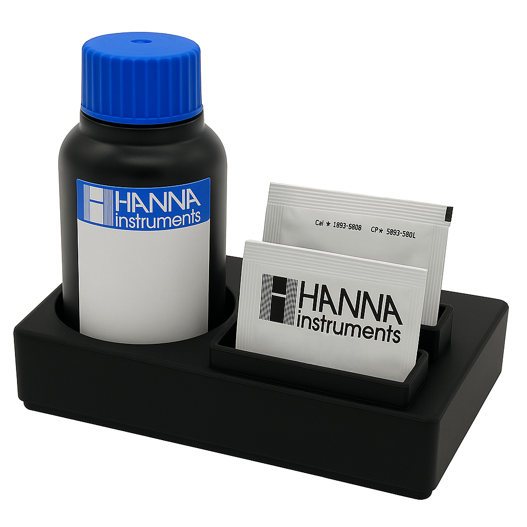 Black reagent organizer holding Hanna magnesium test kit components, including a reagent bottle with blue cap and white powder packets, displayed on a clean white background.