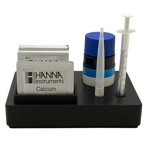 Black reagent organizer holding Hanna Checker test kit components for Alkalinity, Calcium, Nitrate, and Phosphate, displayed on white background.