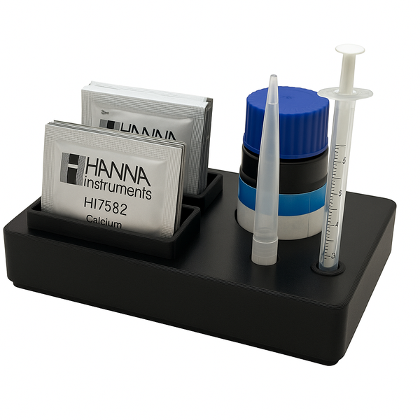 Black reagent organizer holding Hanna Checker test kit components for Alkalinity, Calcium, Nitrate, and Phosphate, displayed on white background.