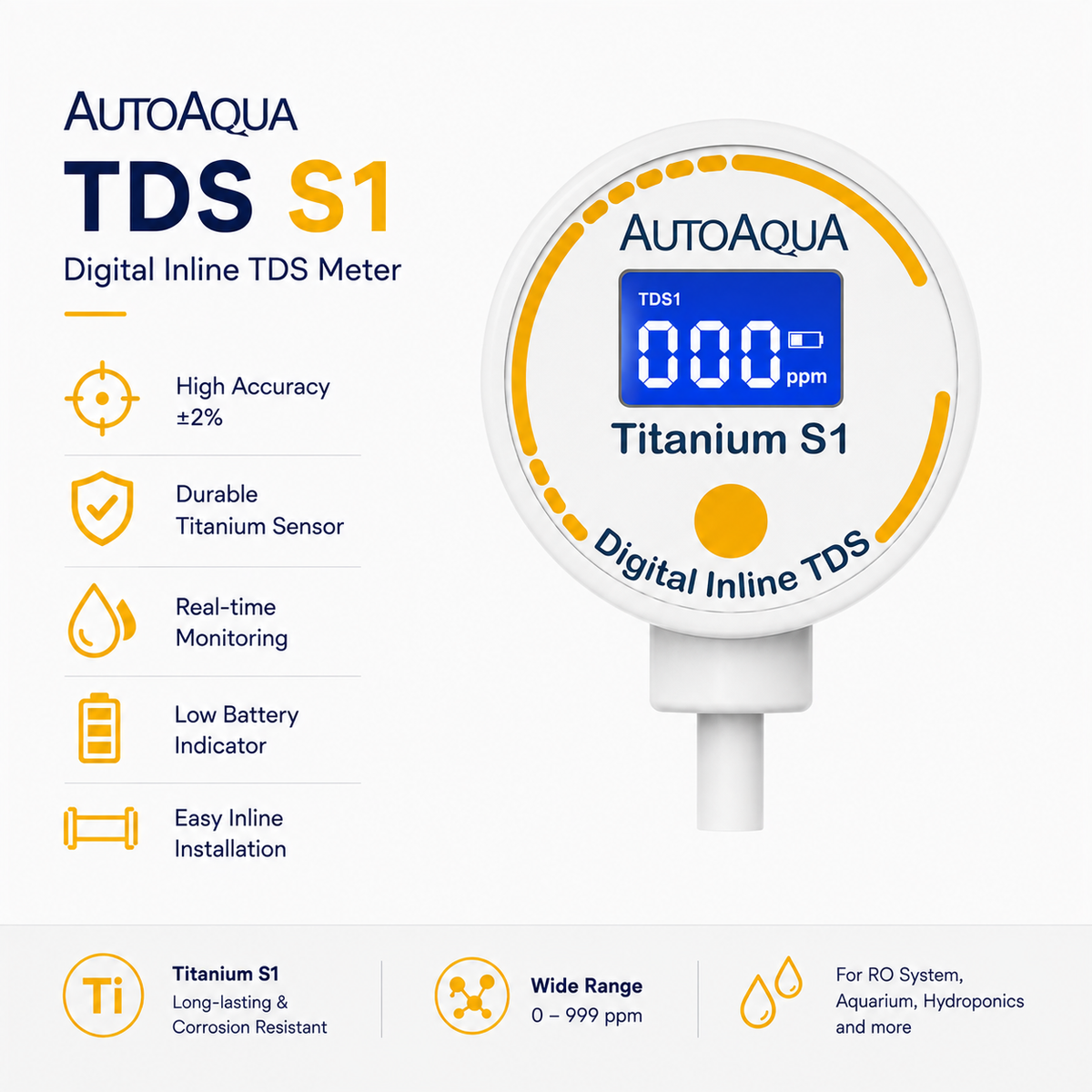 AutoAqua Titanium S1 TDS-100S – Digital Inline TDS Meter for RO/DI Systems