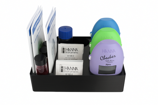 Image of the Hanna Checker & Reagent Organiser - Ultimate Testing Kit Holder. A sleek, durable organizer for reef enthusiasts, designed to hold up to three Hanna Checkers, reagents, and manuals. Perfect for maintaining a tidy and efficient workspace
