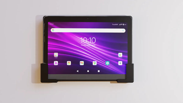 Universal tablet wall mount adjustable holder compatible with iPad and Samsung Galaxy Tab for secure hands-free use.